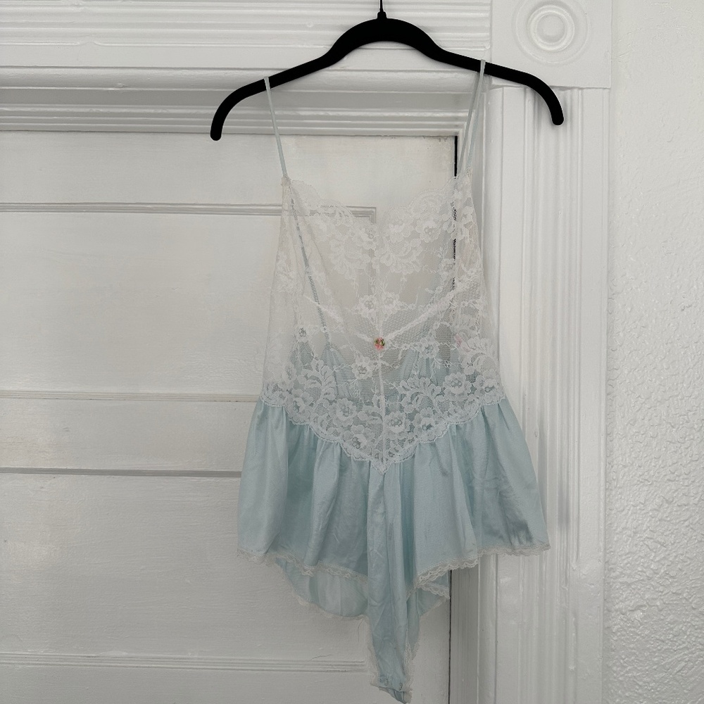 vintage mint green white lace lingerie romper one piece bodysuit